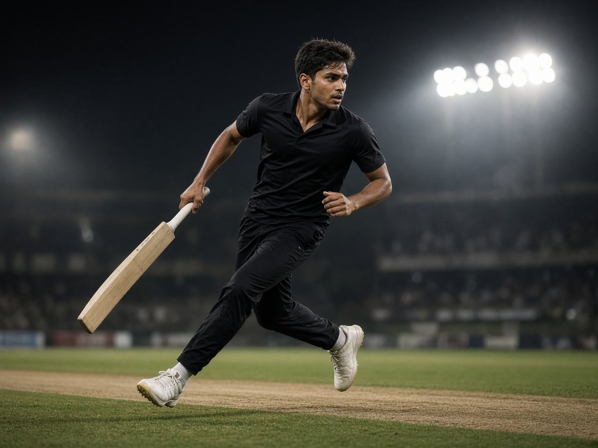 Cricket athlete sprinting between wickets at night