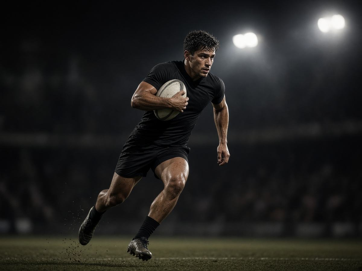Rugby athlete accelerating with the ball under floodlights