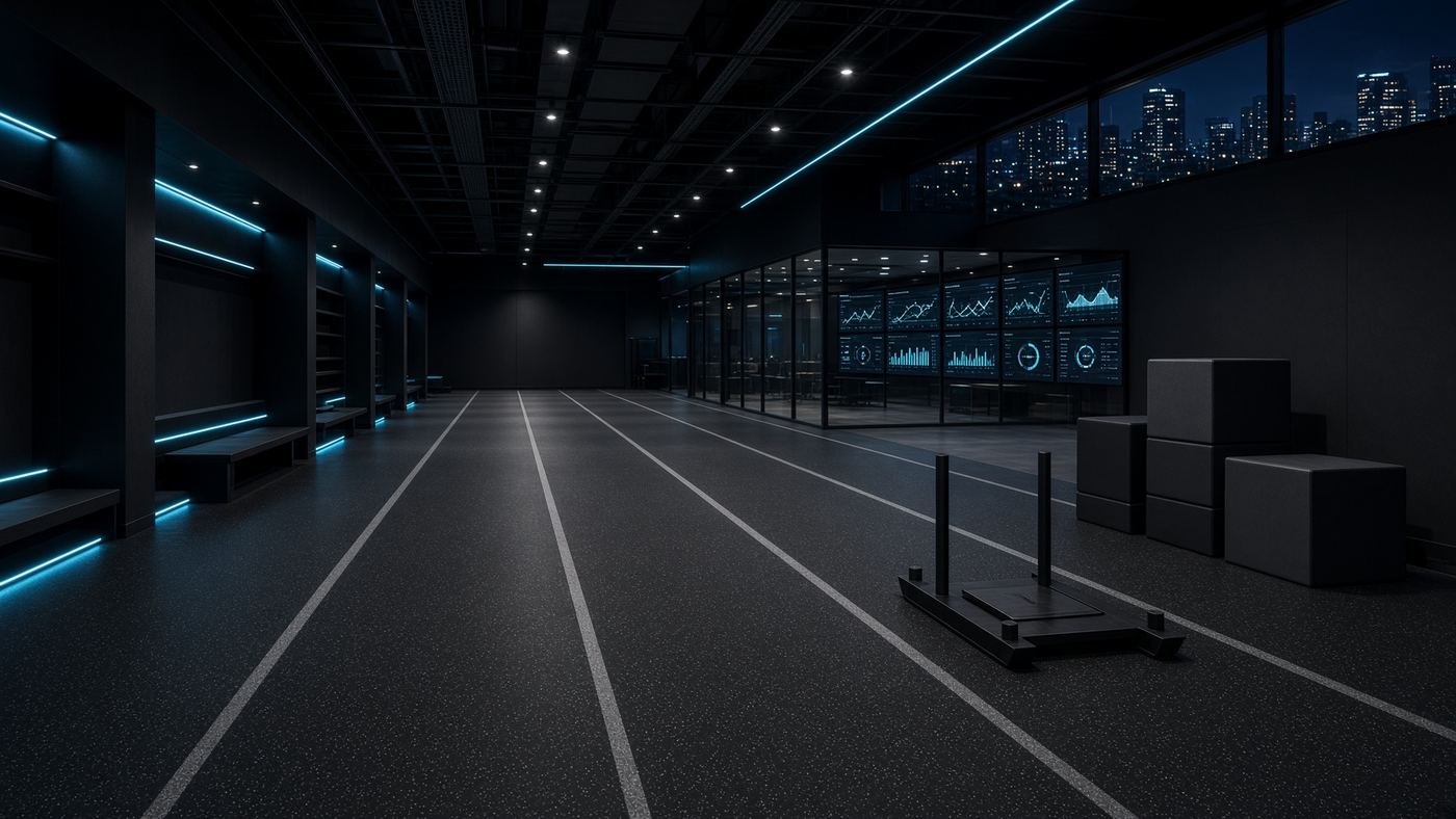 ASP indoor performance floor with racks and turf at Wanderers