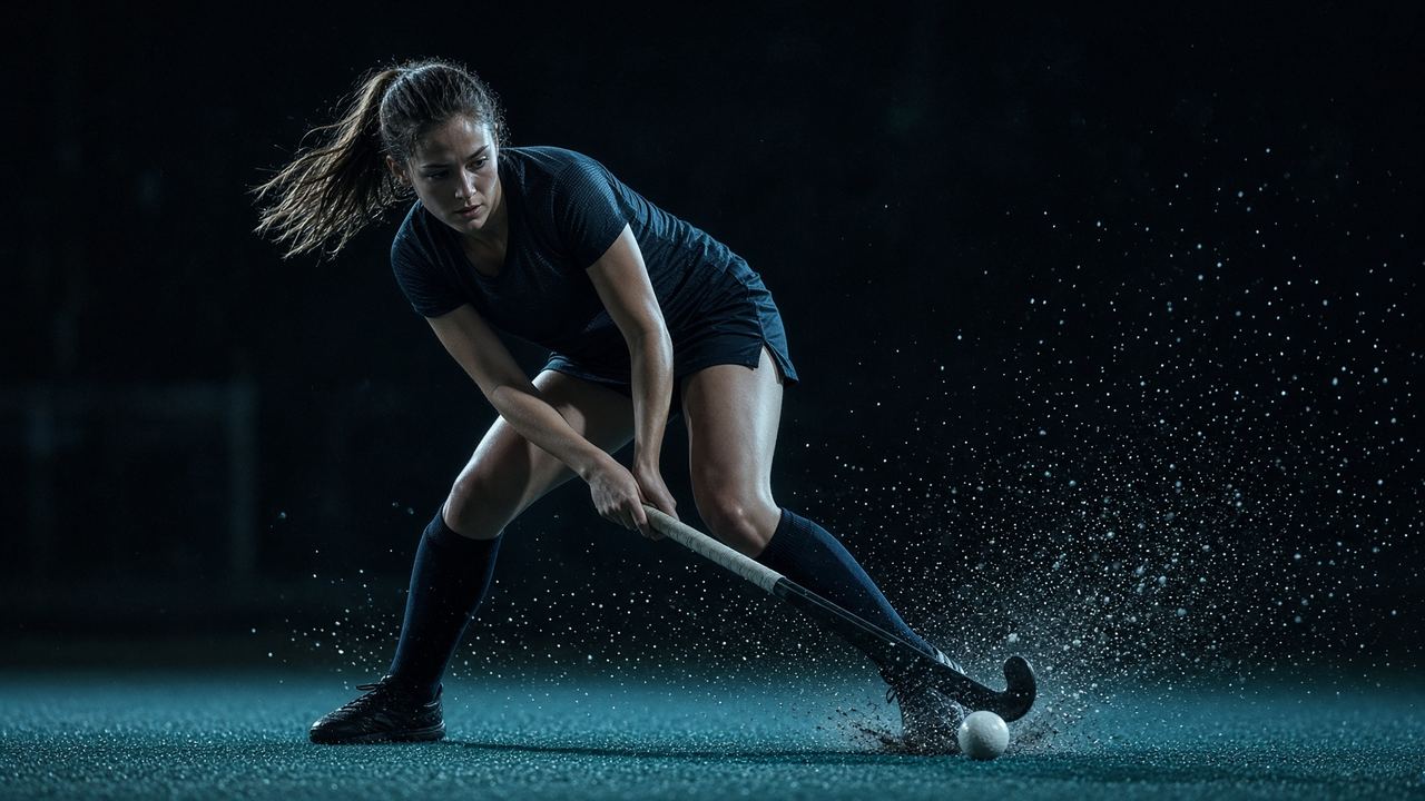Hockey athlete changing direction on a lit pitch