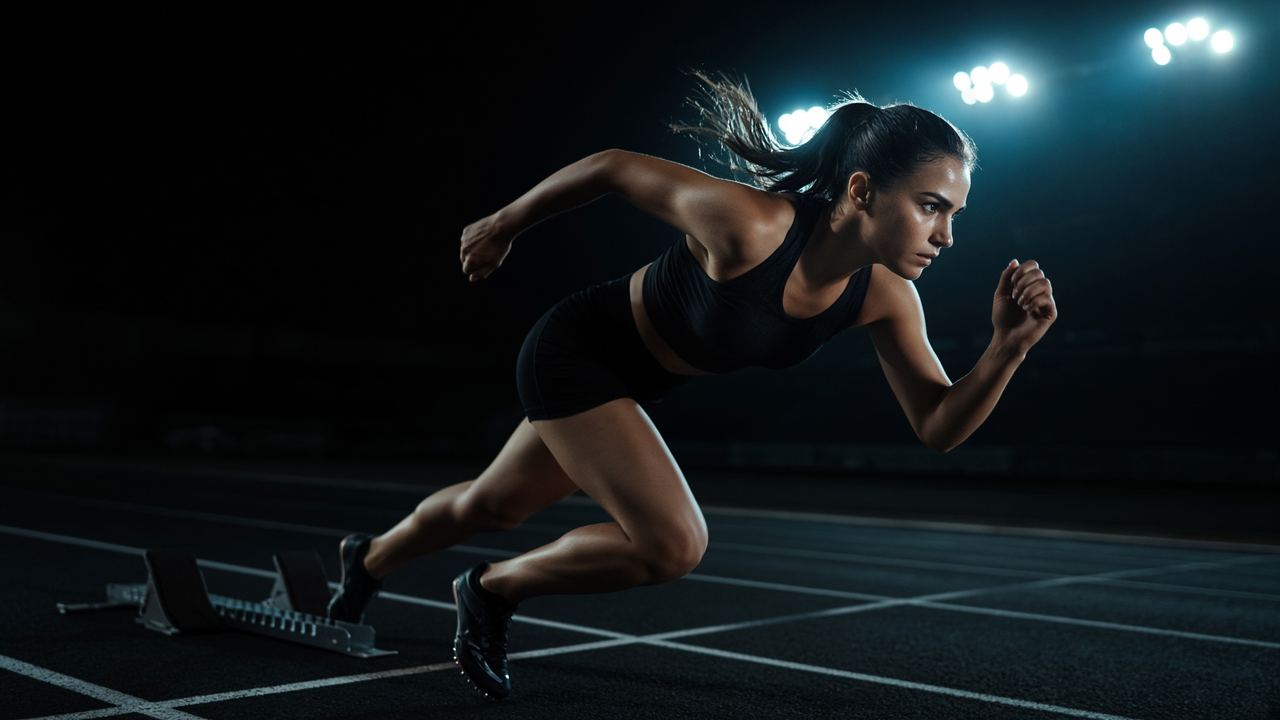 Sprinter driving out of the first steps on a night track