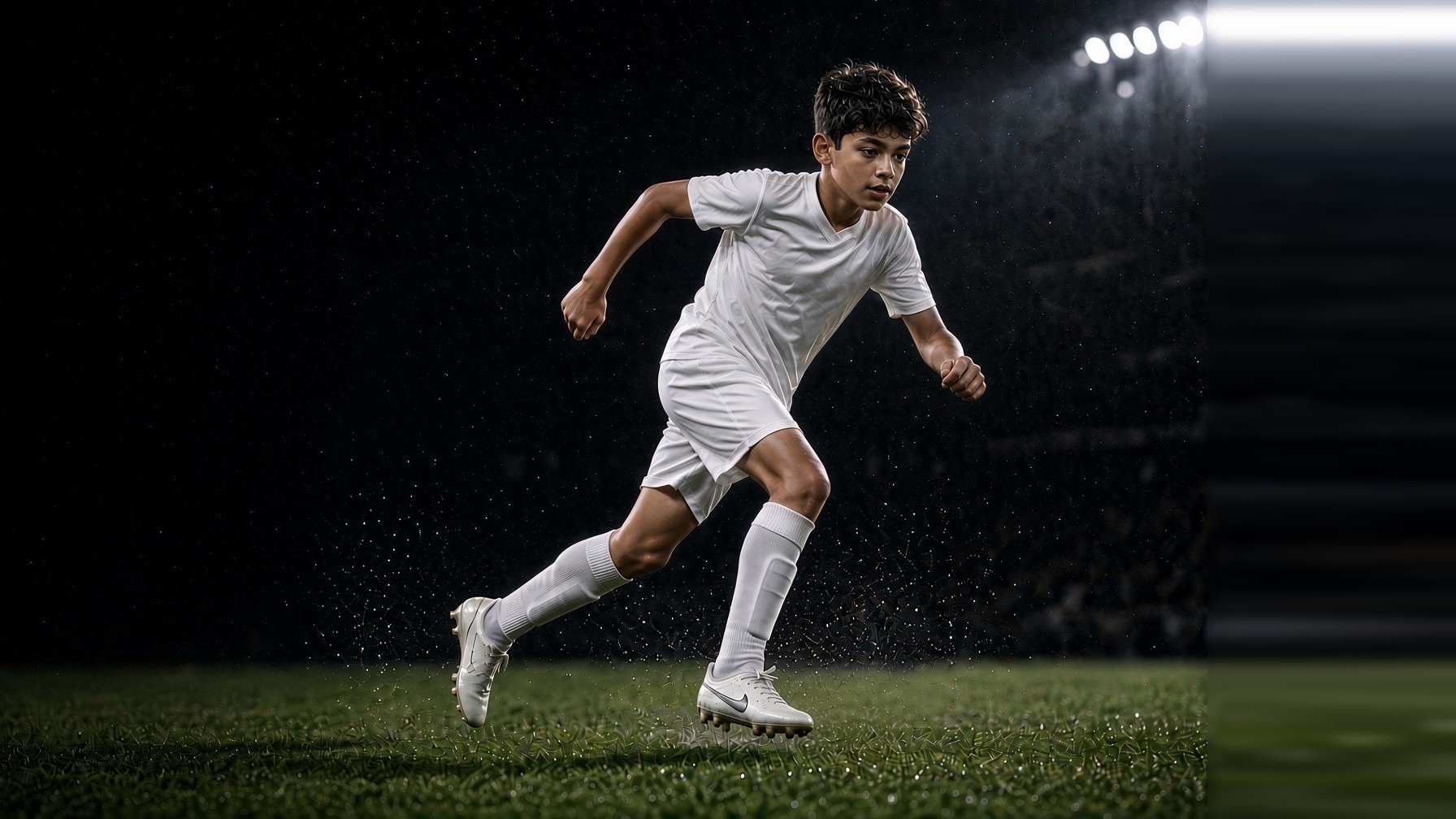 Young soccer athlete accelerating at game speed