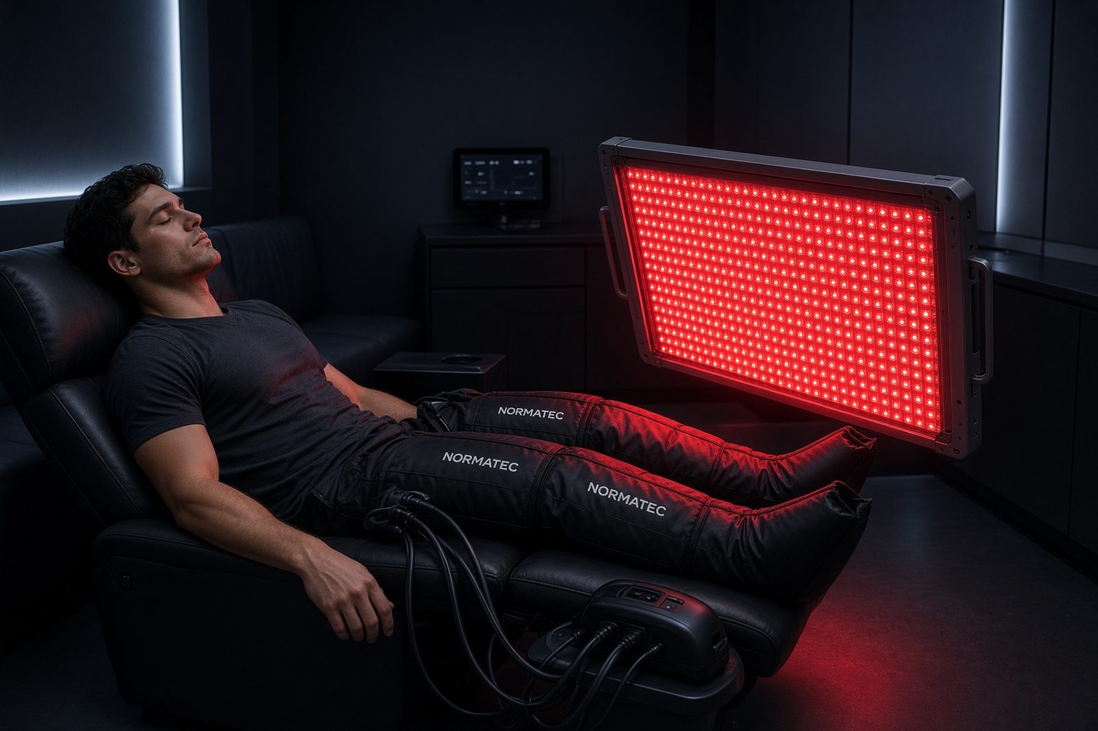 Athlete in Normatec compression boots under a red-light therapy panel in the ASP Recovery Lounge