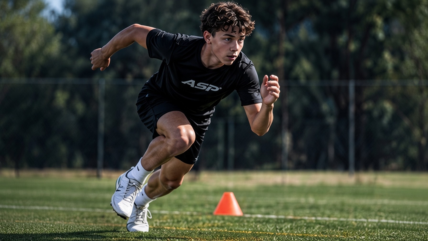 Young athlete accelerating on a sports field