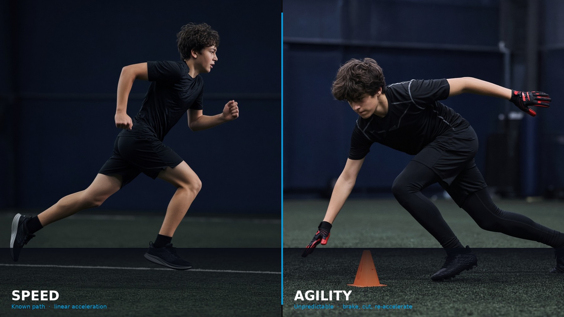 Young athletes: linear speed on the left, agility change of direction on the right
