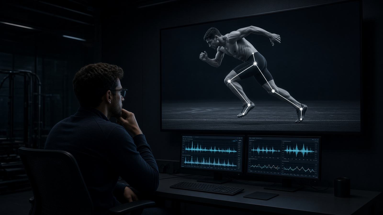 Sports scientist reviewing sprint mechanics on a lab monitor