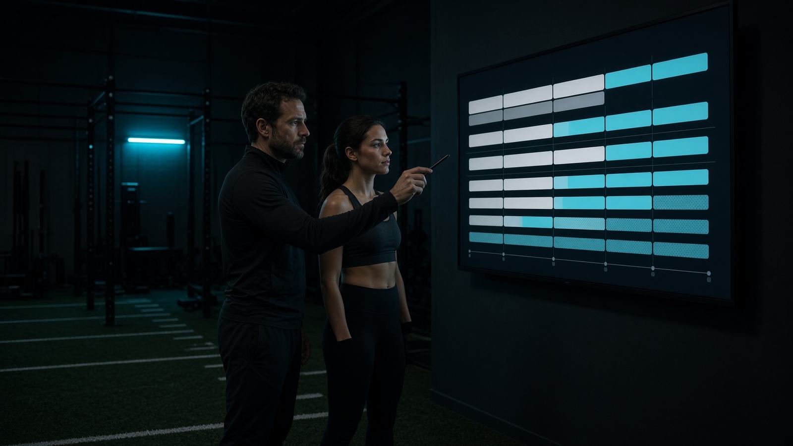 Coach and athlete reviewing a development plan on a gym screen