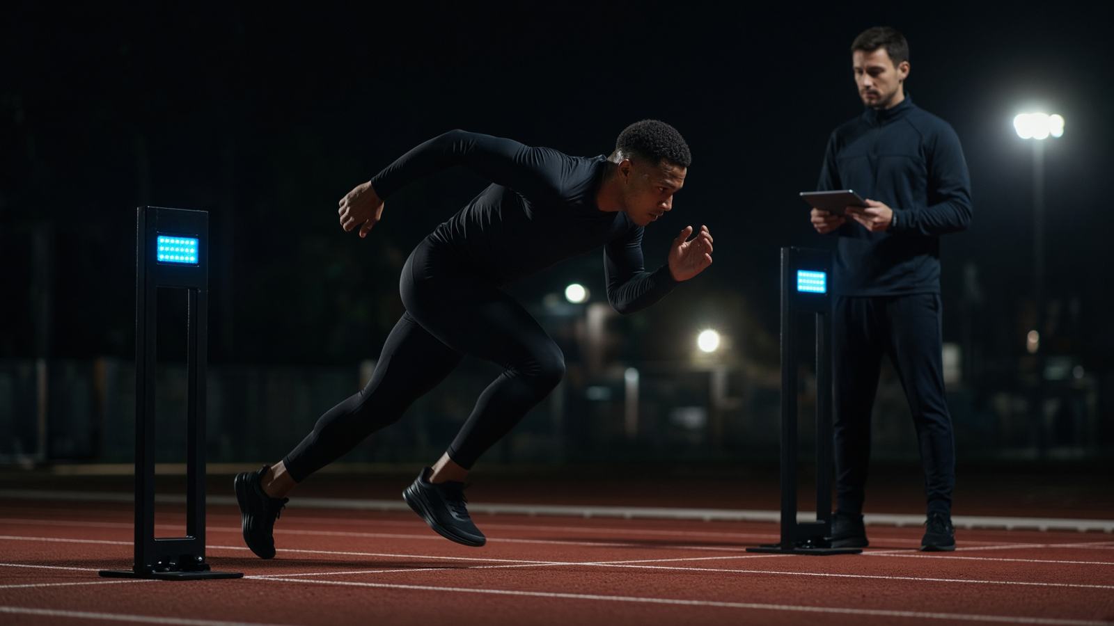 Adult athlete exploding through timing gates while a sports scientist watches