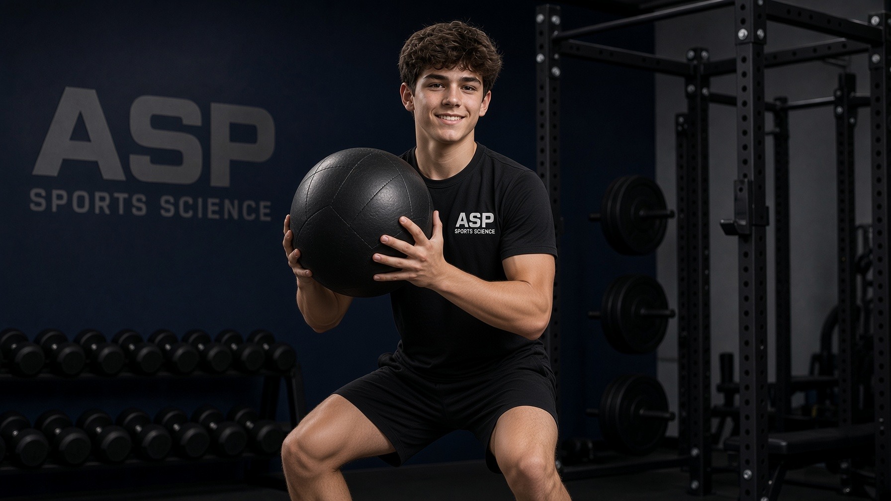 Young athlete holding a leather medicine ball tight to the chest